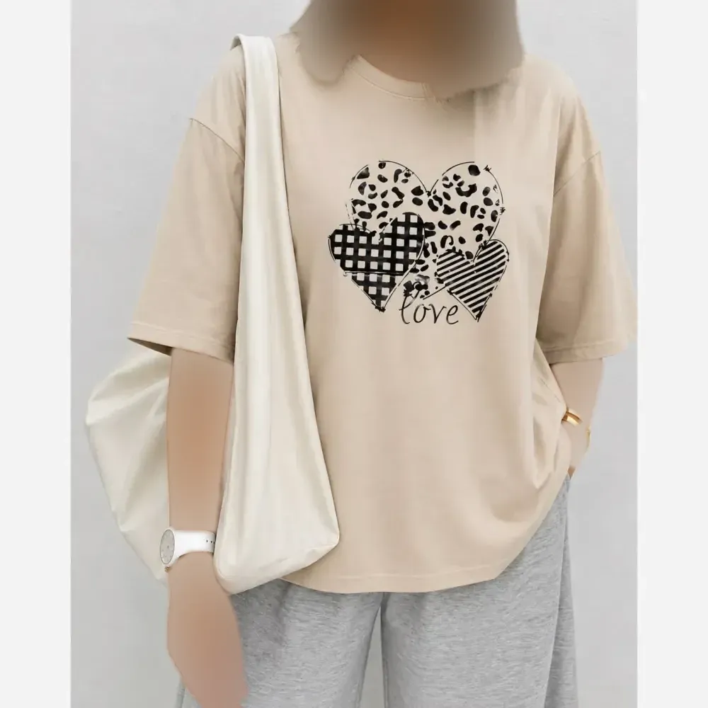 تیشرت باکسی طرح LOVE جنس نخ پنبه فری سایز