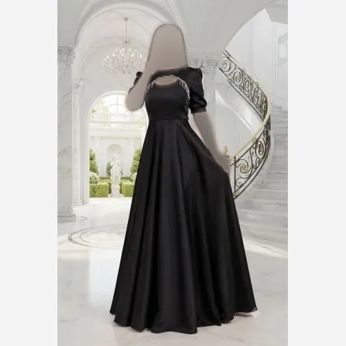 ماکسی ساتن آمریکایی مشکی کمربنددار قد 155
