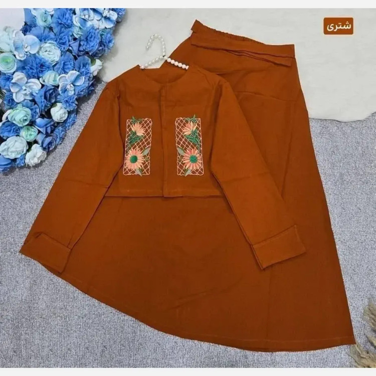 ست کت و دامن گلدوزی آنیل جنس لنین اعلا فری سایز تا 46 رنگ بندی متنوع
