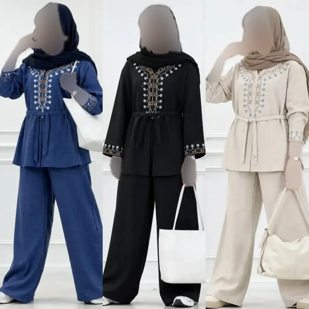 ست تونیک شلوار شرمین جنس شانتون فری سایز (38_50) گلدوزی شده کولر دار