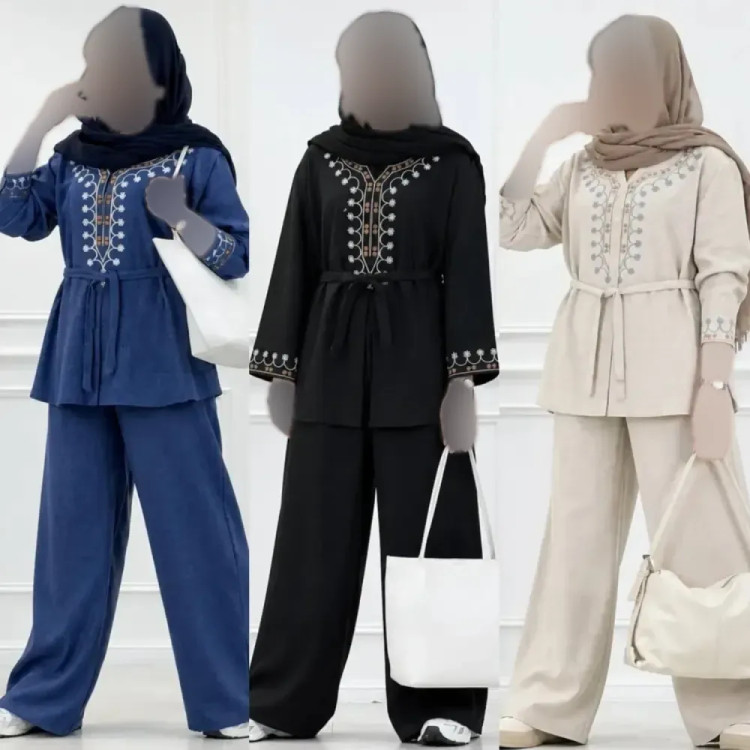 ست تونیک شلوار شرمین جنس شانتون فری سایز (38_50) گلدوزی شده کولر دار