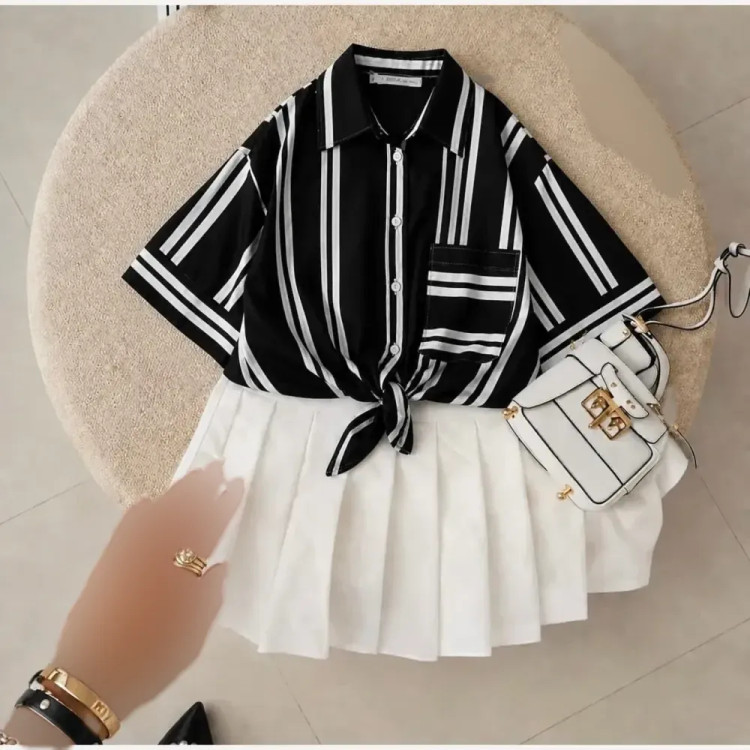 شومیز جلو گره راه راه جنس فلور اعلا فری سایز