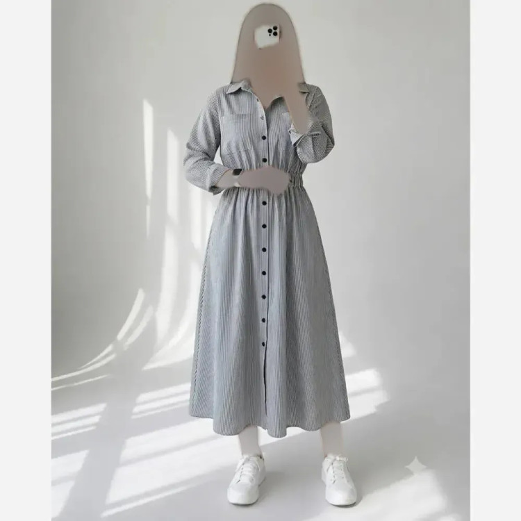 پیراهن زنانه لینن راه راه مدل نیلا جیب دار سایز 38 تا 46