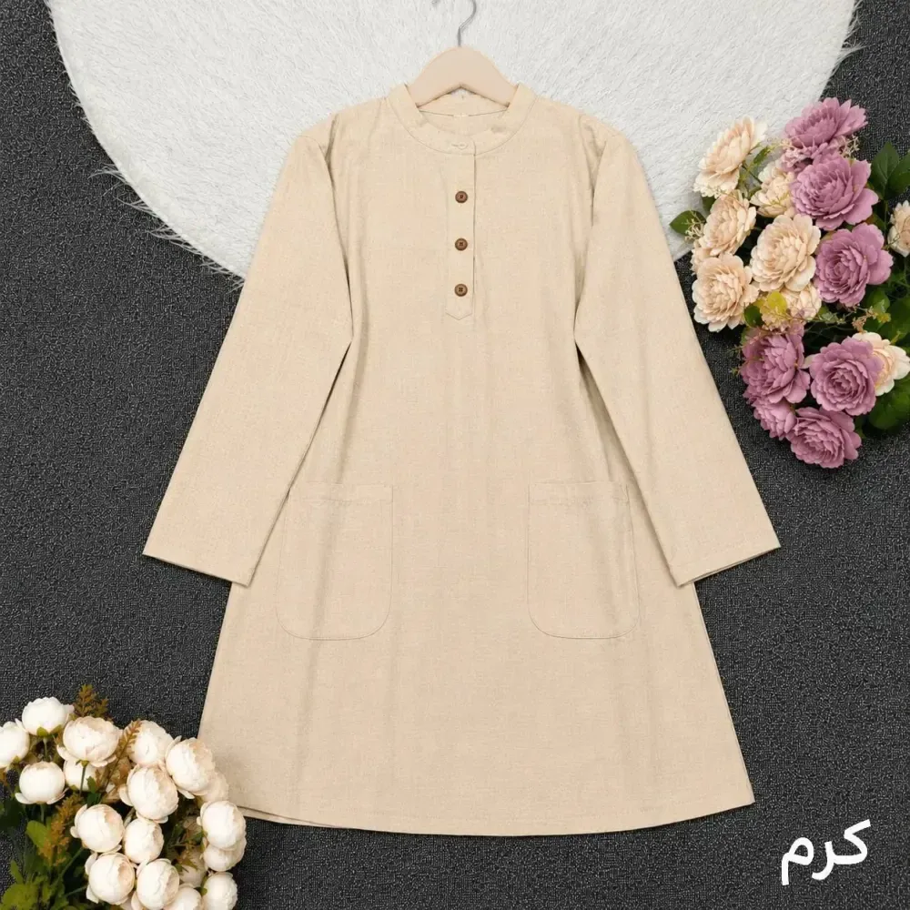 تونیک جلو بسته لنین روژین زنانه رنگ کرم سرخابی سفید فری سایز