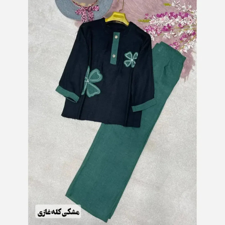ست شومیز کنفی و شلوار شانتون مدل هیلدا سایز فری 38 تا 46