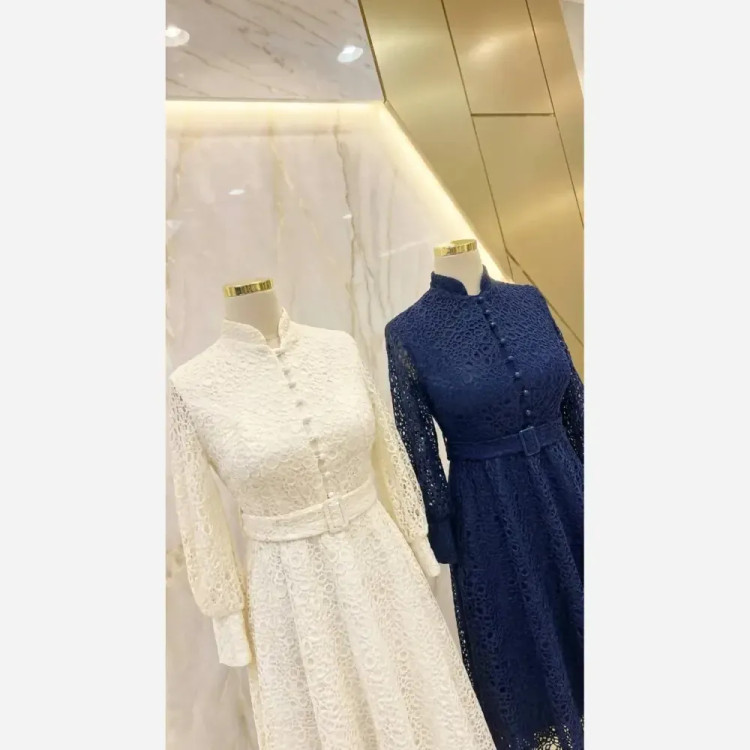 پیراهن میدی مجلسی زنانه دانتل قیطونی کاپدار کمربنددار سایز 36 تا 48