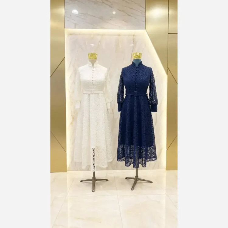 پیراهن میدی مجلسی زنانه دانتل قیطونی کاپدار کمربنددار سایز 36 تا 48