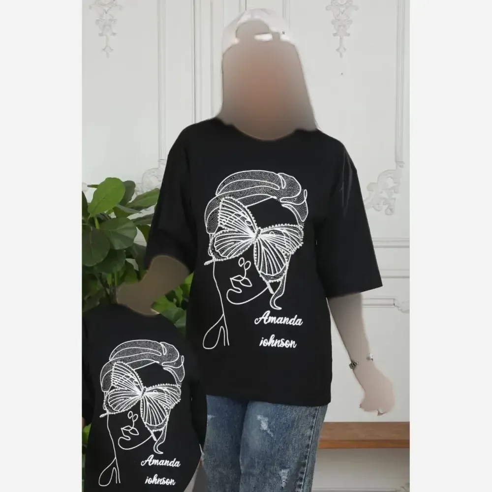 تیشرت زنانه نخ پنبه مشکی طرح چشم مروارید پرس شده سایز فری تا 48