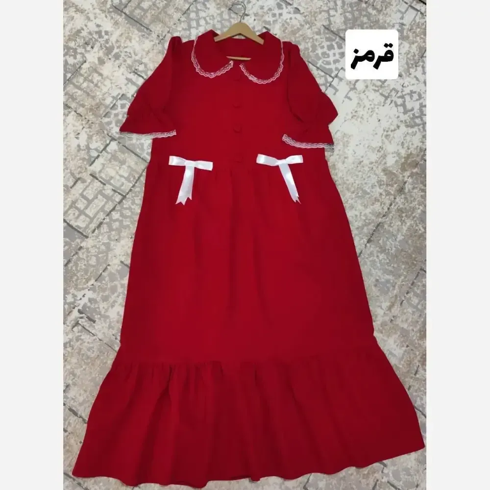 پیراهن عروسکی زنانه جنس مازراتی فری سایز تا 46 دارای کمربند رنگ مشکی بنتونی نسکافه ای قرمز