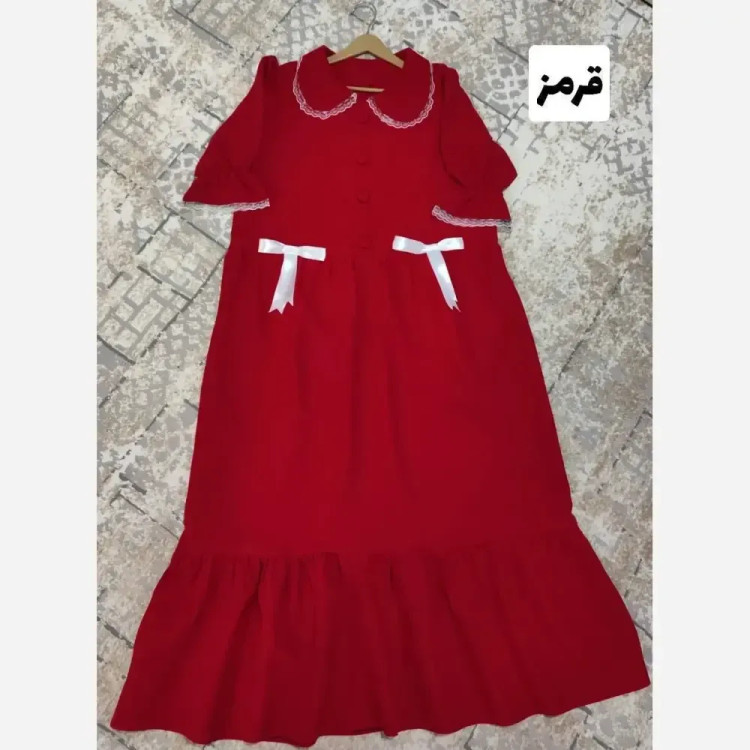 پیراهن عروسکی زنانه جنس مازراتی فری سایز تا 46 دارای کمربند رنگ مشکی بنتونی نسکافه ای قرمز