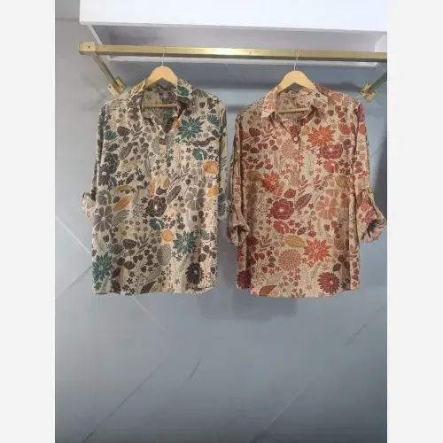 شومیز زنانه مدل پارمیدا پارچه باتیک هندی طلا کوب قد 75 سانتی متر